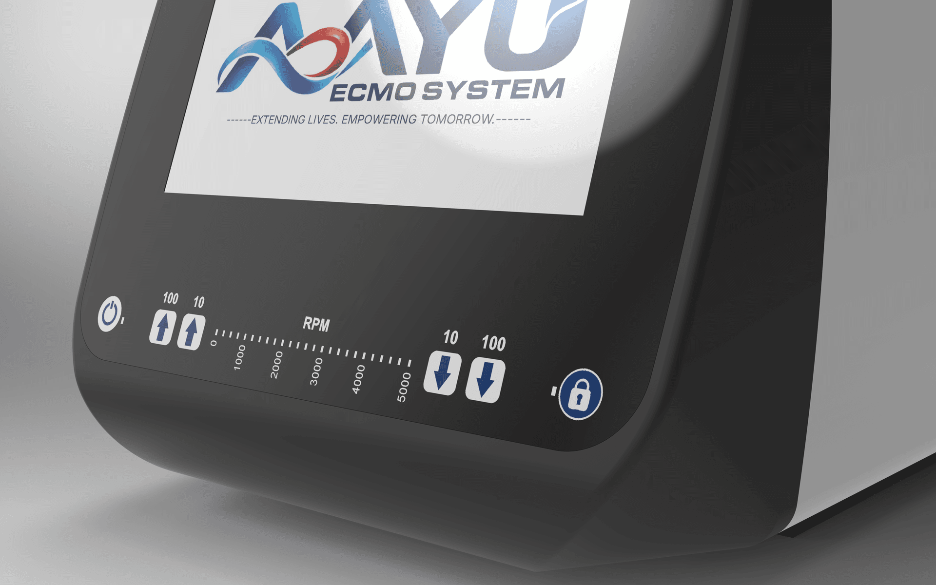 Close-up of the AAYU control panel with power, RPM scale and lock buttons