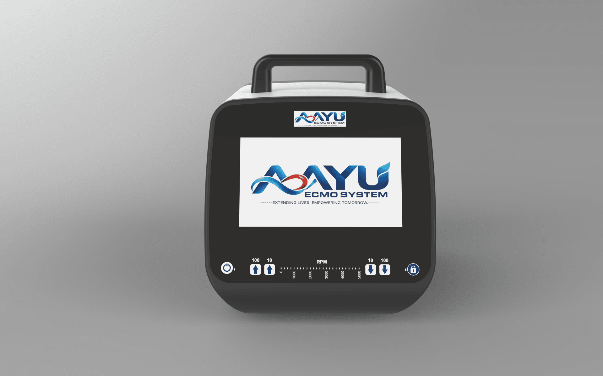 AAYU ECMO System front view showing the touchscreen and RPM control strip
