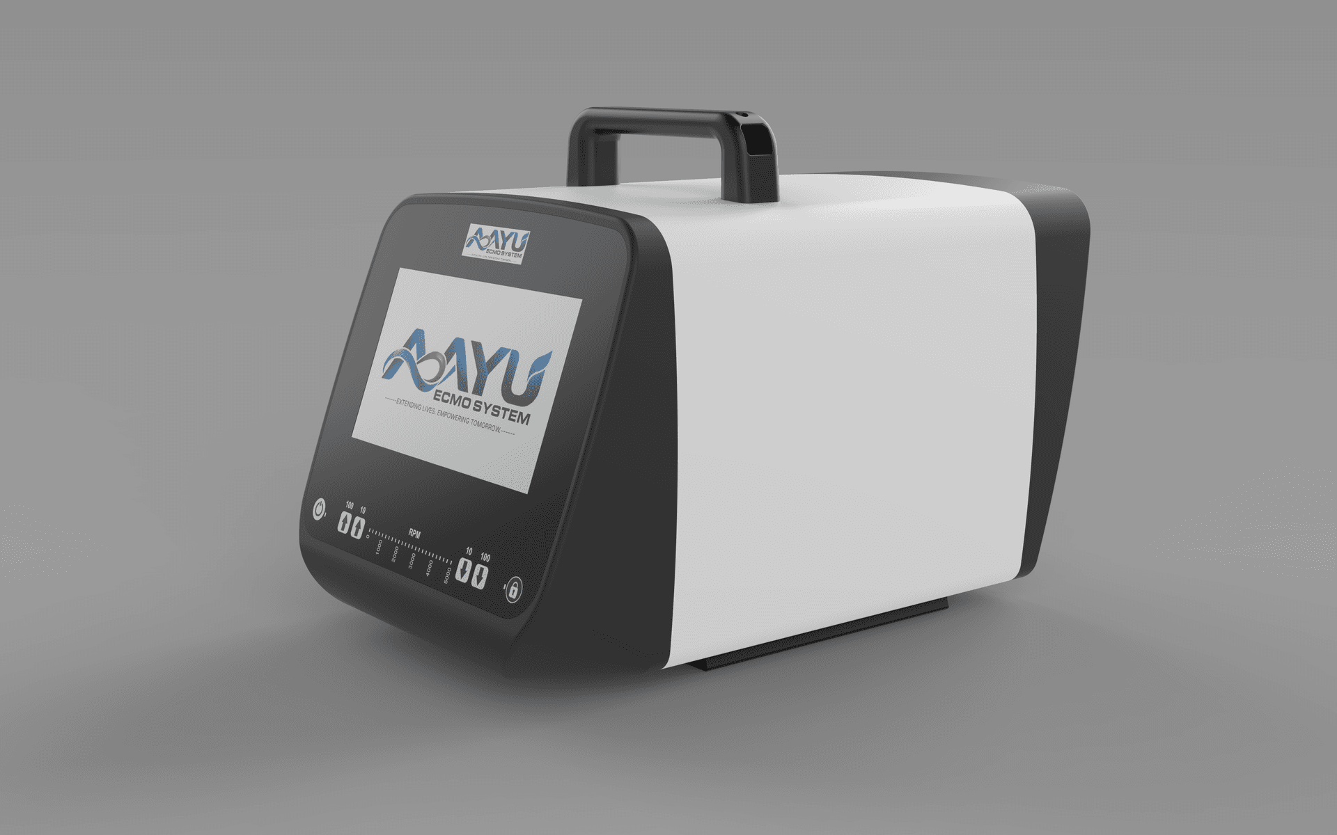 AAYU ECMO System console in three-quarter view with touchscreen and RPM controls