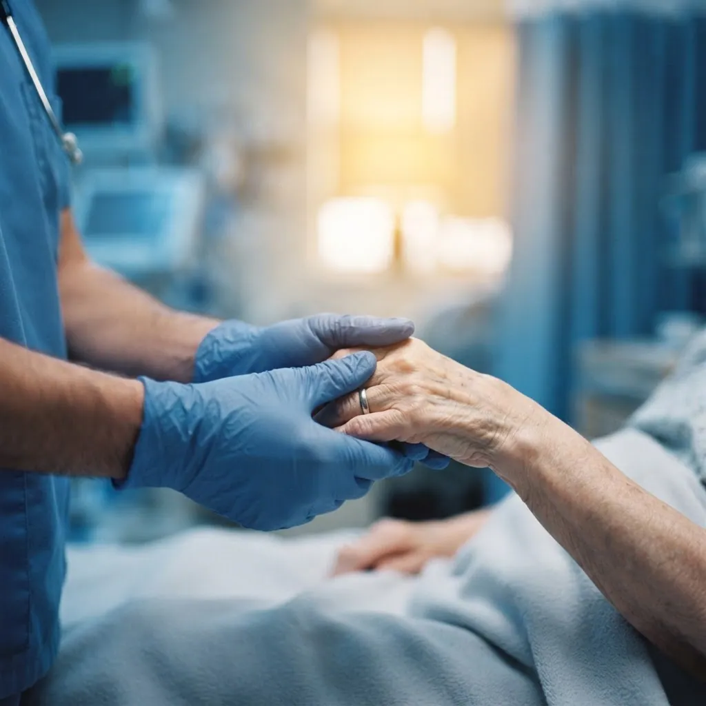 A clinician's gloved hands gently holding a patient's hand